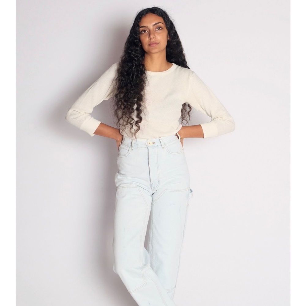 Jesse Kamm Patchfront Handy Pants in Pale blue Japanese Denim.